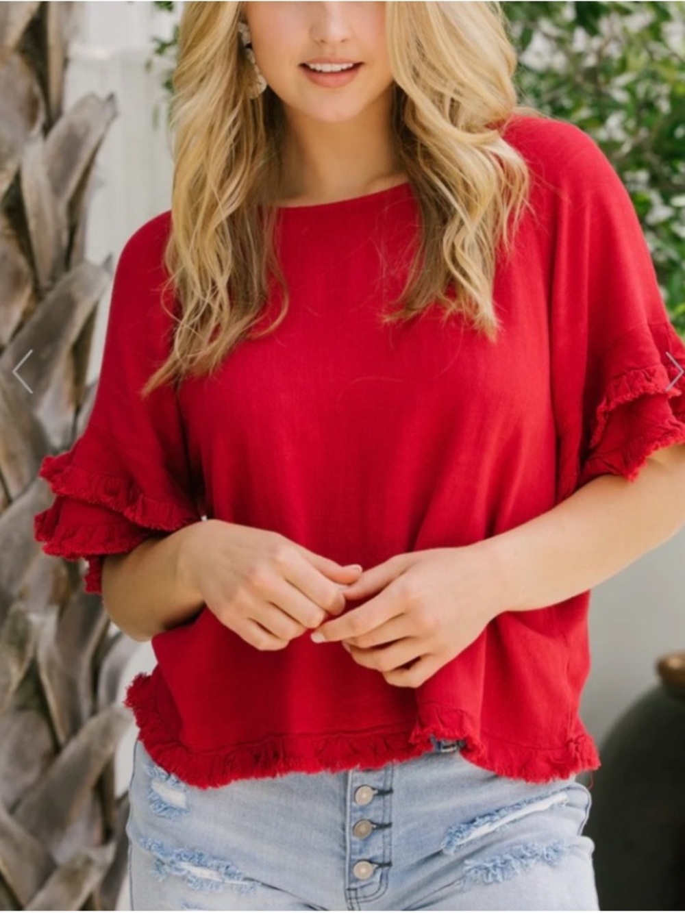 Umgee Red Cotton Linen Blend Blouse Tunic Top Fringe Details Boho Casual Sz 1XL
